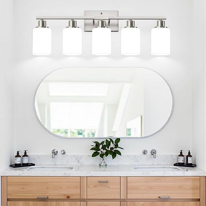 5-Light Brushed Nickel Bathroom Vanity Light with Milky White Frosted Glass Shades, Modern Bathroom Light Fixtures, Up/Down Reversible Lighting for Mirror, Bedroom, Kitchen, Living Room, Hallway