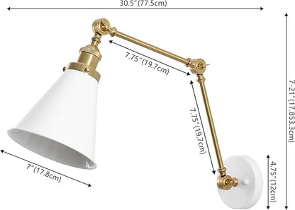 JONATHAN Y JYL7462B-SET2 Rover 7" Classic Industrial Metal Adjustable Arm LED Wall Sconce, White/Brass Gold (Set of 2) for Bedroom, Bathroom, Vanity