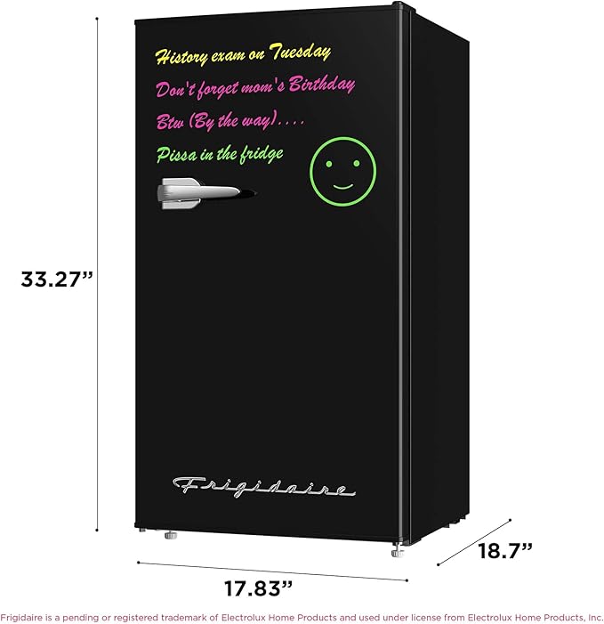 Frigidaire EFR331 Single Door Compact Refrigerator - Adjustable Thermostat Control - Reversible Doors - Front Blackboard, Write and Erase - Ideal for Dorm, Office, RV, Room - Black, 3.2 Cubic Feet