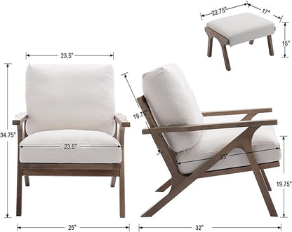 chairus 2 Sets Mid-Century Modern Accent Chairs with Ottoman, Linen Fabric Armchair with Wood Legs Comfy Upholstered Single Sofa Chair for Living Room/Bedroom/Lounge, White