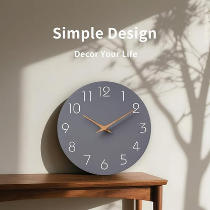 Mosewa Wall Clock Silent Non Ticking Decorative for Kitchen Bedroom Bathroom Office Living Room Battery Operated 10 Inch Gray Wood Modern Simple