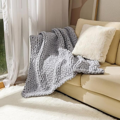 Chunky Knit Blanket Throw 40"*60", Hand Knitted Warm Chenille Throw Blanket, Home Decor Soft Thick Yarn Cable Knit Blanket, Soft Breathable Fleece Banket Christmas for Couch Bed Sofa Best Gift (Gray)