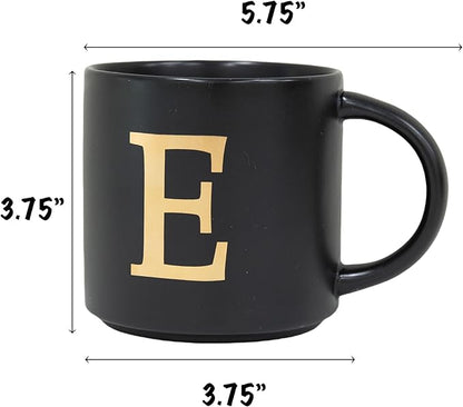 COLLECTIVE HOME - Monogram Ceramic Mugs, 15 oz Golden Initial Black Coffee Cups, Elegant Alphabet Tea Mugs, Elegant Personalized Mug with Gift Box, Unique Mug with Double Side Capital Lette (E)