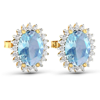 2.36 Carat Genuine Aquamarine and White Diamond 14K Yellow Gold Earrings