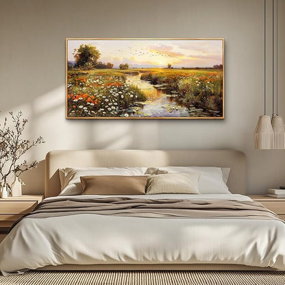 PHAOHUAXM Large Wall Art For Living Room Canvas Wall Decor For Bedroom Watercolour Painting Office Decoration Countryside Sunrise Scenery Wall Picture Ready To Hang Home Decor Wood Framed 20x40 In