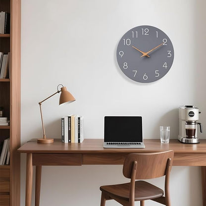 Mosewa Wall Clock 12 Inch Gray Silent Non Ticking Battery Operated Modern Simple Wooden Clock Decorative for Kitchen Home Bedroom Bathroom Office Living Room