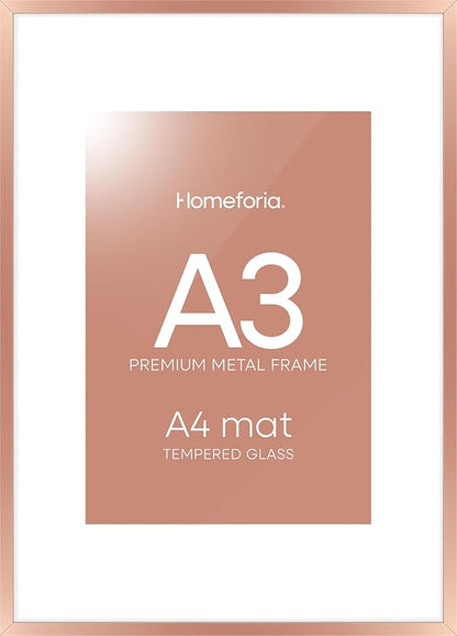 Homeforia A3 Picture Frame Rose Gold, High End Metal 11.7 x 16.5 inch Poster Frames with Mat 8.3 by 11.7 for Photo, A3 Size Frames Matted to A4 Print, 11.7x16.5 Hanging Frame, Tempered Glass, Set of 1
