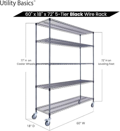 60"x18"x72" Black 5-Tier Premium Wire Shelving NSF 4000 LBS MAX Capacity Heavy Duty Steel Storage Rack for Warehouses, Garages, Hospitals, Commercial Spaces, & Schools w/Premium Wheels