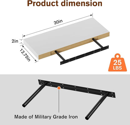 Large Floating Shelves for Wall Set of 2 Wooden Wall Shelves 30 in x 12.75 in x 2 in Room Decor Long Shelf with Invisible Wall Mount Bracket for Bedroom Kitchen Living Room White