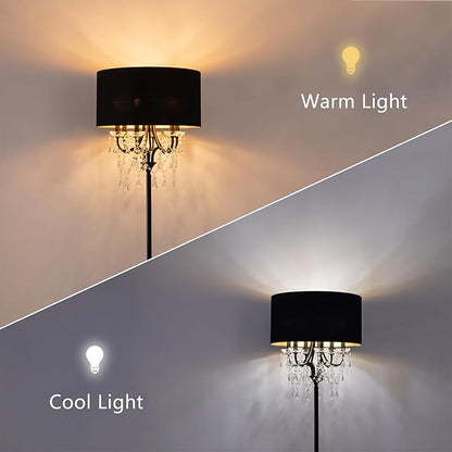 Wellmet Black Crystal Drum Shade Floor Lamp, 6 Light Black Gold Shade, Candle Base, for Living Room, Bedroom, Reading Room, Hallway, Corridor