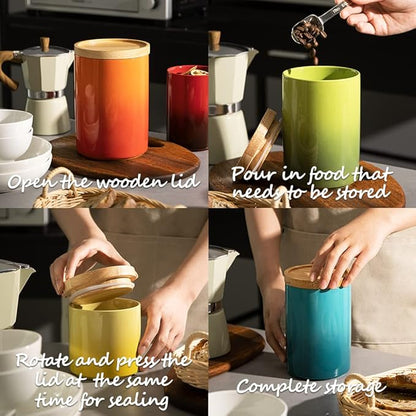 Sweejar Ceramic Food Storage Jar, Stackable Kitchen Canisters, Containers with Airtight Seal Wooden Lid for Serving Ground Coffee, Tea, Sugar, Salt and More - 28 Fl Oz (Gradient Orange)
