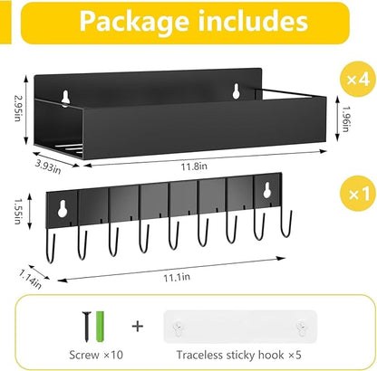 Magnetic Spice Rack Organizer for Fridge Seasoning Organizer for Kitchen storage with Screw or Adhesive Hanging,Magnetic Shelf with Hook for Refrigerator and Oven (Black, 5pack)