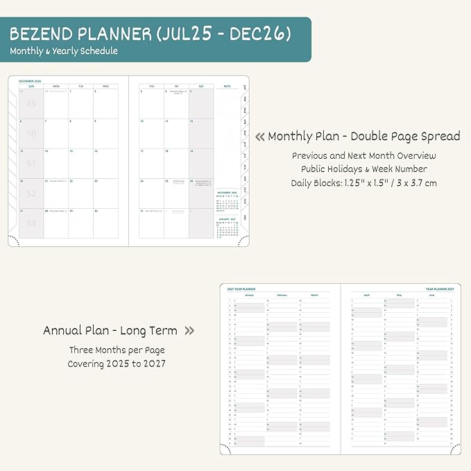 BEZEND Planner 2025-2026 Weekly and Monthly, 5.8" x 8.5" Academic Calendar (Jul 25-Dec 26) Vertical Daily Appointment with Hourly Timeslot & Monthly Tab, PU Leather Hardcover - Lavender