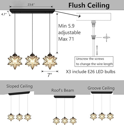Farmhouse Modern Glam Chandelier Dining Room Clear Glass Star Pendants Light Fixture Kitchen Island LED Ceiling Hanging Lights Included Warm Light Bulbs Black