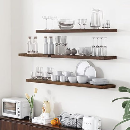 Fun Memories Floating Shelves for Wall, 36"x9.3" Rustic Solid Elm Wood Shelves, Heavy-Duty Wall Mounted Shelves with Invisible Brackets, Set of 2 for Living Room, Bedroom, Kitchen, Walnut Finish