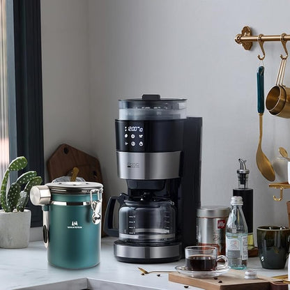 Coffee Canister Airtight Storage Container Stainless Steel Air Tight Coffee Jar with Scoop, Date Tracker CO2 Release Valve for Dry Food, Beans, Ground, Tea, Flour, Cereal and Sugar (Green)