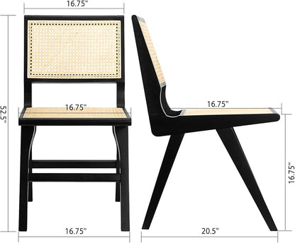 Accent Chair Dining Chairs Set of 2, Solid Wood Frame Boho Rattan Chair, Mid Century Modern Accent Chairs for Living Room Bedroom Dining Room Kitchen(Black)