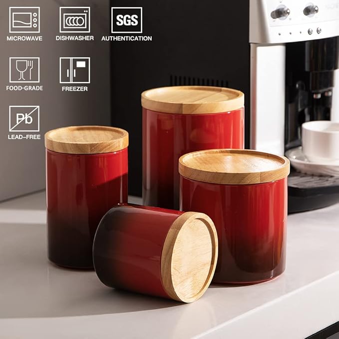 Sweejar Ceramic Food Storage Jar, Stackable Kitchen Canisters, Containers with Airtight Seal Wooden Lid for Serving Ground Coffee, Tea, Sugar, Salt and More - 16 Fl Oz (Gradient Red)