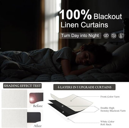 Luxury Linen Extra Long Drapes 132 Inch Blackout Curtains for Bedroom 2 Panel Drop Cloth Cotton Textured Rustic Farmhouse Thermal Darkening Curtain Privacy Room Divider High Ceiling Curtain 11ft Cream