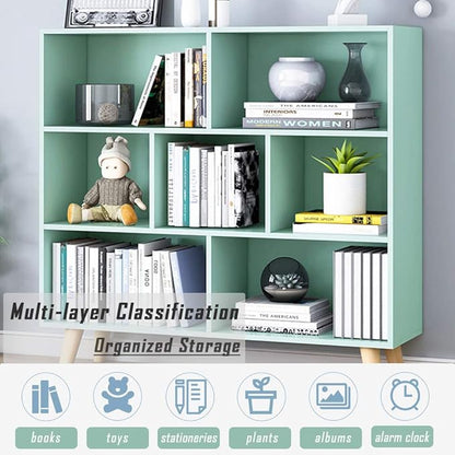 IOTXY Wooden Open Shelf Bookcase - 3-Tier Floor Standing Display Cabinet Rack with Legs, 7 Cubes Bookshelf, Tiffany-Green