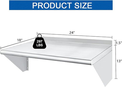 HARDURA Stainless Steel Shelf 18" x 24", 297lb Commercial Shelves Wall Mount Metal Shelving with Backsplash and Brackets for Kitchen, Restaurant, Laundry Room and Home