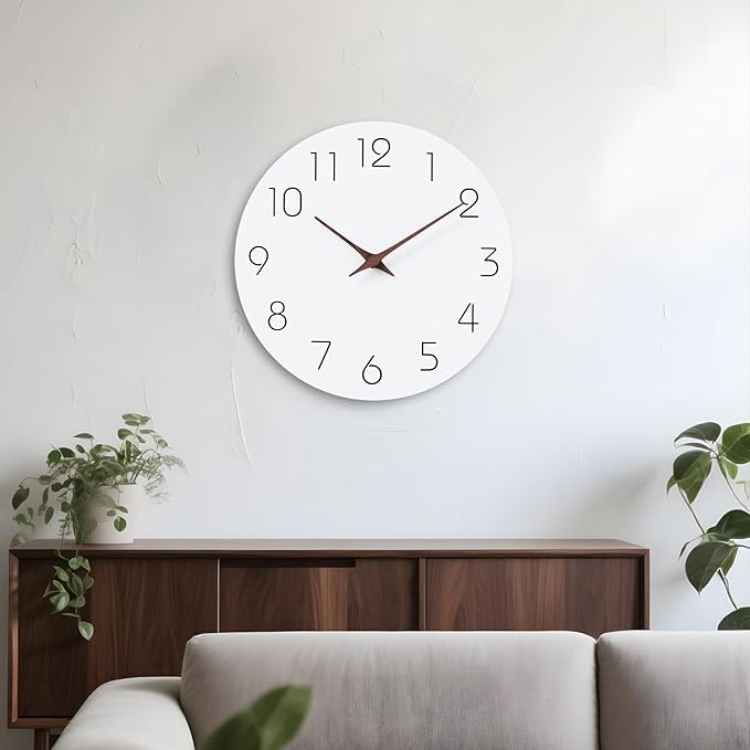 Mosewa Wall Clock 10 Inch Silent Non Ticking Wood Battery Operated Wooden White Modern Office Simple Minimalist Decorative for Kitchen Home Bathroom Living Room