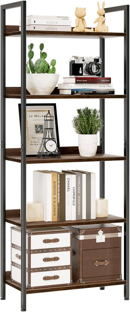 NUMENN Bookshelf, 5 Tier Bookshelves, Home Office Bookcase Shelf Storage Organizer, Free Standing Storage Shelving Unit for Bedroom, Living Room and Home Office, Dark Walnut