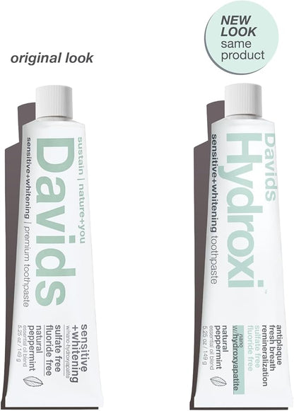 Davids Hydroxi Fluoride Free Nano Hydroxyapatite Toothpaste for Remineralizing Enamel & Sensitive Relief, Whitening, Antiplaque, SLS Free, Natural Peppermint, 5.25oz, Made in USA