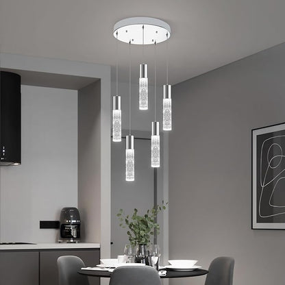 OKELI 5-Light Pendants Light for Kitchen Island Dining Room, 6000K Bubble Crystal Modern LED Kitchen Hanging Lights, 30W Chrome Pendant Lighting Fixture, Round