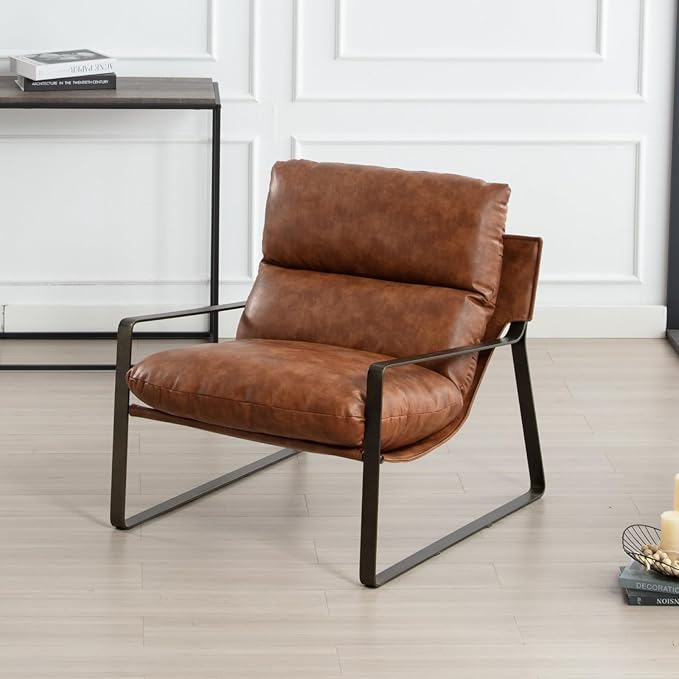DUOMAY Mid-Century Accent Chairs Set of 2, Comfy PU Leather Leisure Chairs Lazy Chairs with Brozen Metal Leg for Living Room Bedroom Office Apartment, Brown
