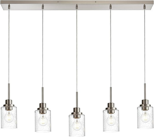 Lighting Contemporary Brushed Nickel Linear Chandelier Pendant Light 5 Lights Clear Seeded Glass Farmhouse Pendant Lighting Modern Dining Room Light Fixture for Living Room Kitchen Island