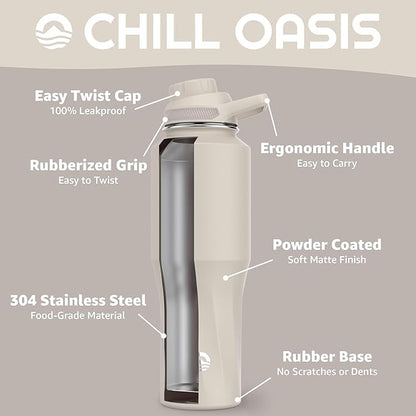 Chill Oasis Water Bottle | Compatible With Popular Flavor Cartridges | BPA Free, Leak Proof, Double-Walled Vacuum Insulated Stainless Steel, and Dishwasher Safe | Cold for 24 Hours (Beige, 32oz)