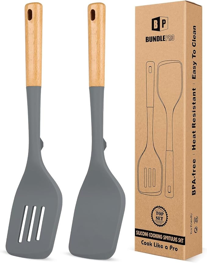 Pack of 2 Large Silicone Spatula, Heat Resistant Solid Turner, Non Stick Slotted Spatulas with Wooden Handle, Ideal Kitchen Utensils for Flipping, Pancakes, Eggs, Fish(GRAY)