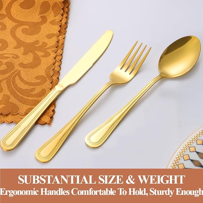 40 Pcs Gold Silverware Set for 8 with Pearled Edge Handle design, Food Grade Stainless Steel Flatware Set, Eating Utensils Sets Include Fork/Knife/Spoon, Reusable Cutlery Set, Dishwasher Safe