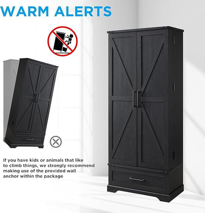 72" Farmhouse Kitchen Pantry Cabinet with Drawer, Tall Storage Cabinet with 2 Barn Doors and Shelves, Versatile Large Rustic Storage for Dining Room, Bathroom, Living Room, Black