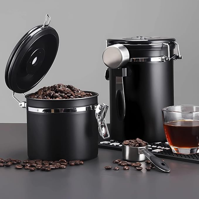 ShanSon Coffee Canister Airtight Coffee Container Stainless Steel Coffee Bean Storage Container with Scoop Coffee Canister for Beans Grounds Sugar Flour Tea Cereal,11OZ, Black