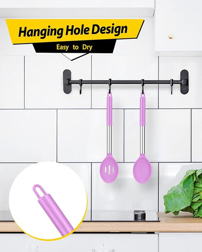 Pack of 2 Large Silicone Cooking Spoons,Non Stick Solid Basting Spoon,Heat-Resistant Kitchen Utensils for Mixing,Serving,Draining,Stirring (PURPLE)