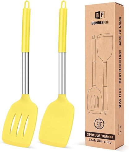 Pack of 2 Silicone Solid Turner, Non Stick Slotted Kitchen Spatulas, High Heat Resistant BPA Free Cooking Utensils, Ideal Cookware for Fish, Eggs, Pancakes(Yellow)