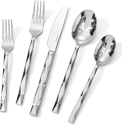 KINGSTONE Silverware Set, Luxury 60 Piece Flatware Set for 12, 18/10 Stainless Steel Cutlery Set with Diamond Cut Pattern for Kitchen, Home, Wedding, Party, Mirror Polished and Dishwasher Safe