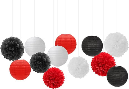 Red-Black White Party-Decorations Paper Flowers Lanterns - 15PCS Halloween Birthday Tissue Pom Poms Streamers,Wedding Baby Bridal Shower Hanging Supplies Decor Hugfond