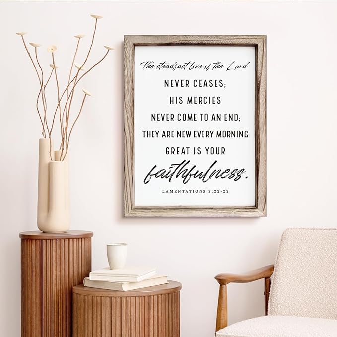 Christian Wooden Wall Signs, Living Room Decor, Home Church Decor for Room, Framed Wall Plaque Sign 15 * 11.5 inches, The Steadfast Love of the Lord Never Ceases Sign