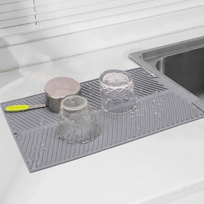 Silicone Dish Drying Mat for Kitchen Counter, 15''x 10'' Drying Mat with Drain Lip, Non-Slip Dish Drainer Mats with Built-in Drain, Heat Resistant Drain Pad on Countertop, Gray