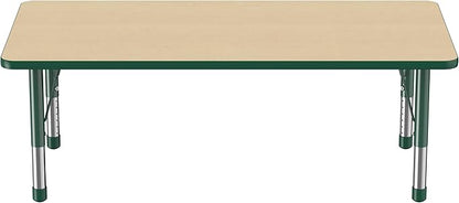 Factory Direct Partners FDP Rectangle Activity School and Classroom Kids Table (30 x 60 inch), Toddler Legs, Adjustable Height 15-24 inches - Maple Top and Green Edge