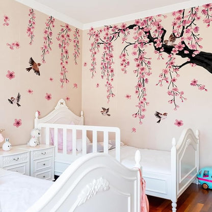 Runtoo Large Cherry Blossom Tree Wall Decals Peel and Stick Pink Floral Wall Art Stickers for Living Room Bedroom Nursery Flower Decor