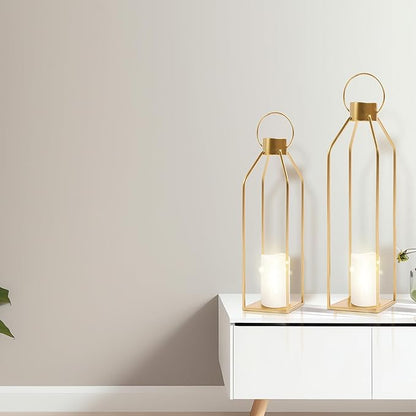 HPC Decor Modern Farmhouse Lantern - 22'' 19'' Large Tall Gold Metal Candle Lanterns with Timer Flickering Candles for Living Room, Outdoor, Fireplace Mantle Decor