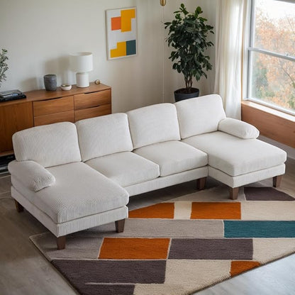 Karl home U-Shape Sectional Sofa Couch 111" Modern 4-Seat Sofa with Chaises Corduroy Fabric Upholstered Covertible Couch with Wood Grain Legs for Living Room, Reception Room, Apartment, Beige