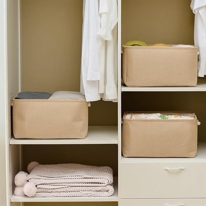 Organization and Storage Basket for Gifts Empty - 16x12x8 inch Large 4 Pack Fabric Storage Cube Collapsible Baskets for Shelves with Handles, Storage Box for Cloth Books Laundry Canvas(Beige)