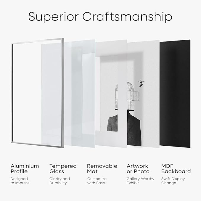 Homeforia Silver 22x28 Picture Frame, Rectangular Metal Poster Frame with Mat, 22 x 28 Frame Matted to 18 x 24 Photo, Wall Mount, Minimalist Style, Tempered Glass, Wall Hook Included