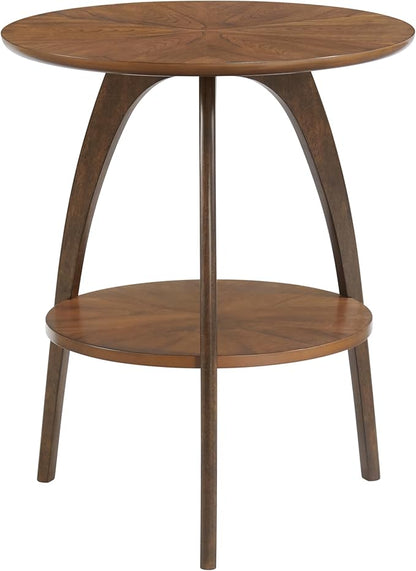Martin Svensson Home LAX Two-Tone 20-Inch Caramel Brown Round Wood End Side Table with Walnut Legs and Shelf Storage