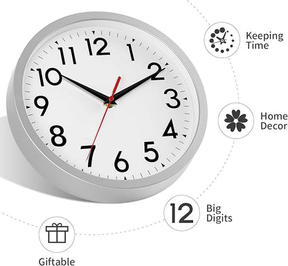 Wall Clock Small Analog 8 Inch Silent Non Ticking Battery Operated Modern Simple Decorative for Kitchen Office Bedroom Bathroom Living Room(Silver)